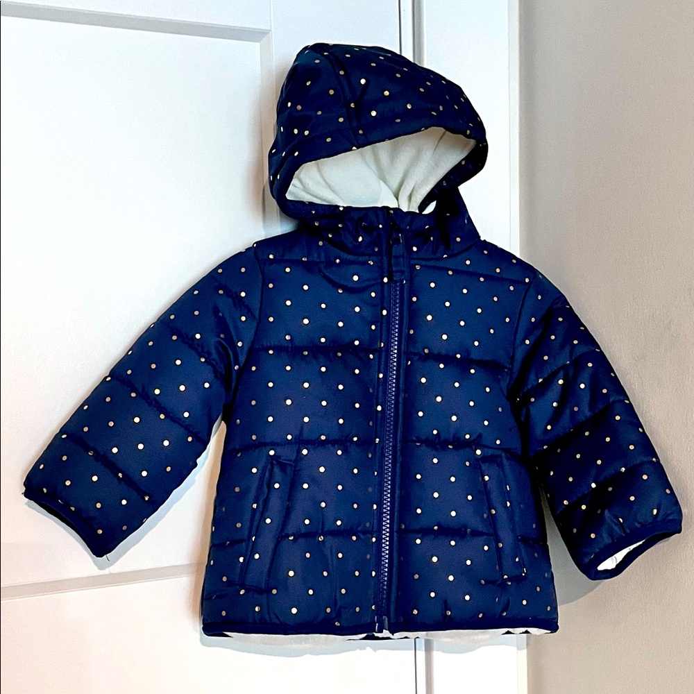 Adorable Navy Blue Puffer Jacket with Polka Dots